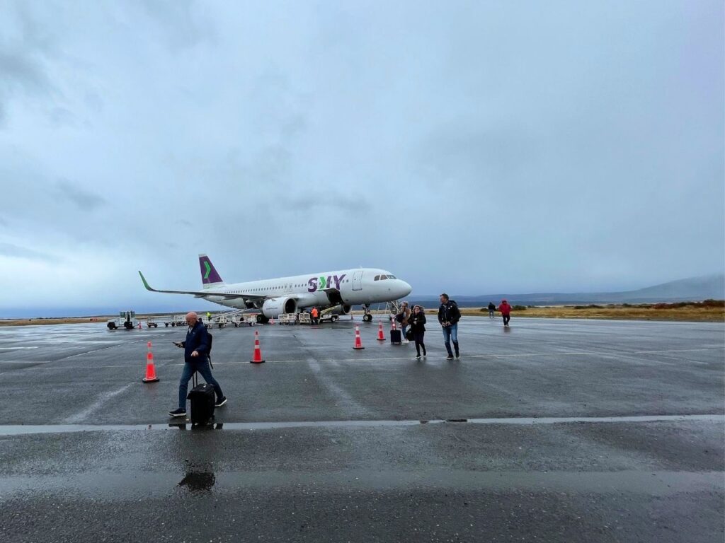 Windy arrival at Puerto Natales, Chile airport terminal